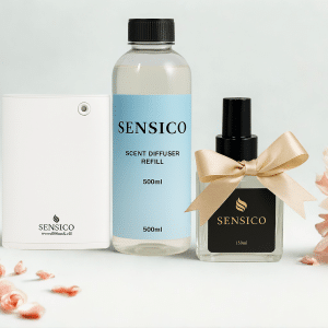 ערכת מפיץ ריח חשמלי של Sensico עם תמצית 500 מ"ל ומבשם 150 מ"ל בעיצוב יוקרתי