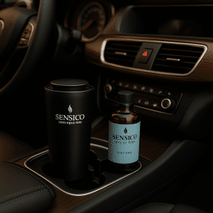 מפיץ ריח לרכב Sensico בצבע שחור עם בקבוק תמצית ריח יוקרתית בצבע מונחים בתא כוסות של רכב יוקרתי